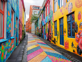 Wall Mural - A colorful street with graffiti on the buildings and a colorful brick walkway. The street is narrow and winding, with a mix of bright and dark colors. The graffiti adds a sense of creativity