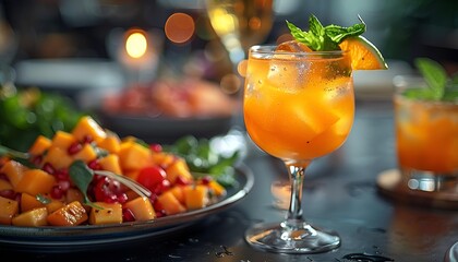 Poster - A refreshing glass of orange juice beside a colorful plate filled with assorted fresh fruits.