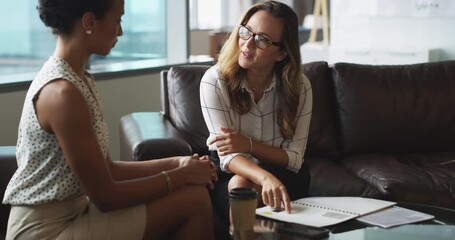 Wall Mural - Portfolio, talking and business people, team or discussion on advertising feedback numbers, insight or target audience statistics. Review, project partner and women work on research plan development