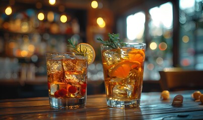 two elegant glasses filled with ice and garnished.