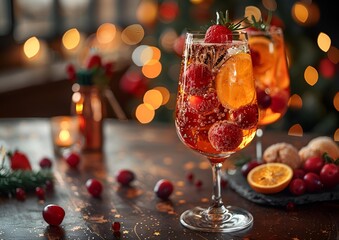 Two elegant glasses of wine surrounded by an assortment of fresh fruit.