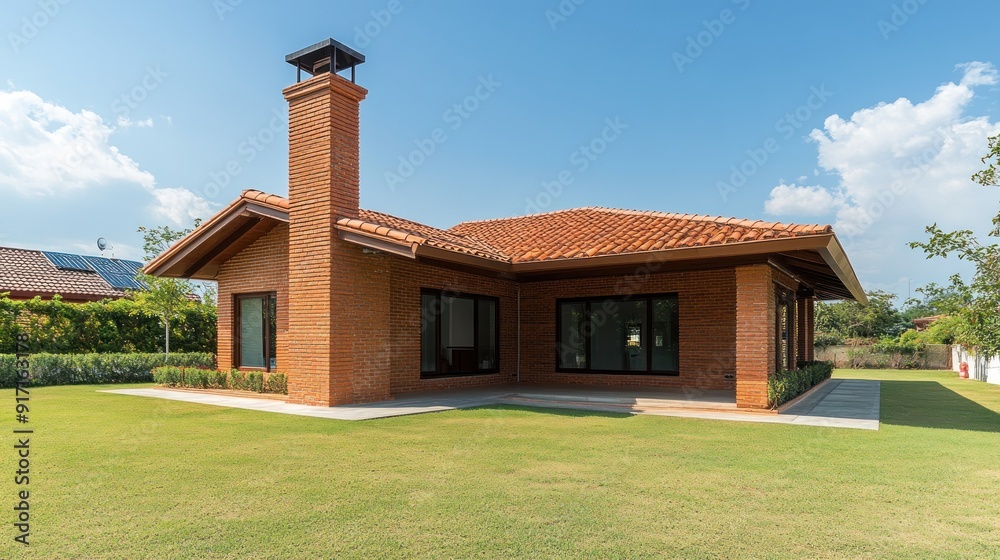 A single-story brick house with a brown tiled roof and a chimney. The ...