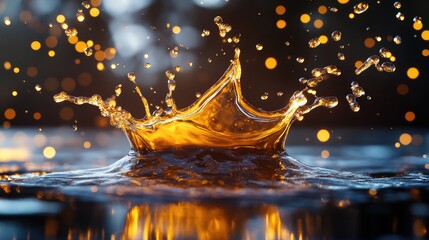 Poster - Liquid splash in a cutting-edge metallic scene, showcasing dynamic motion and innovation, accented with bokeh effects