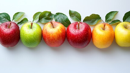 Three fresh apples, red, green, and yellow, isolated on white background, perfect for healthy diet and vitamin boost