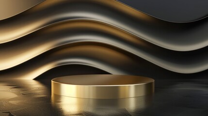 Wall Mural - 3D podium with a shiny gold finish and black wave background, designed for premium product reveals.