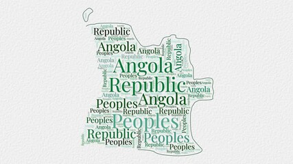 Wall Mural - Angola logo animation. Angola boundary word cloud animation. Video of country names in multiple languages popping out on paper style background. Country opening, intro, presentation video.