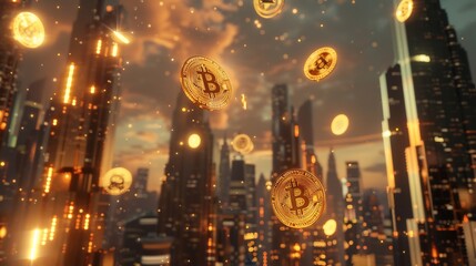 Wall Mural - golden bitcoin raining over a futuristic cityscape