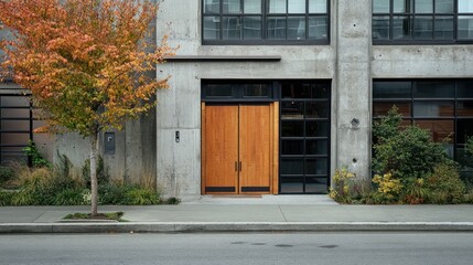 Poster - A concrete building with a wooden door and large windows.