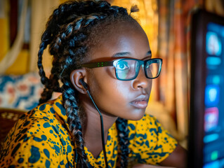 Wall Mural - A young woman wearing glasses and listening to music. She is looking at a computer screen. Concept of focus and concentration as she works on her computer