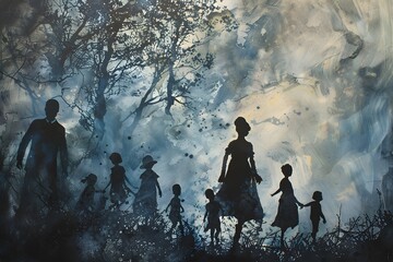 Poster - Family Silhouettes in a Mystical Forest.