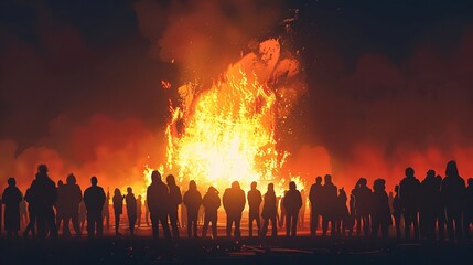 Sticker - Silhouettes of People Watching a Large Bonfire