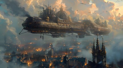 Canvas Print - Steampunk Airship Flying Over City.