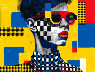 Poster - A woman with a red lip and sunglasses is the main subject of the image. The woman is wearing a checkered shirt and a blue and yellow striped shirt. The image is a collage of different colors