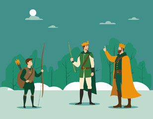 Wall Mural - Modern man and Robin Hood. Businessman and medieval legends. A man's dialog. Men discussing something. Speaking men. Young businessman giving advice Robin Hood