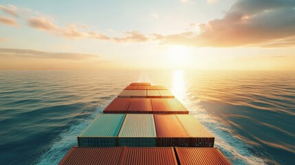 Wall Mural - Cargo ship carrying containers at sea during sunset, symbolizing international trade and maritime logistics with a serene horizon.