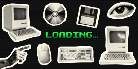 retro computer set technology concept collage design with desktop floppy disk mouse compact disc key
