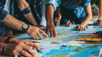 Group of coworkers collaborating on strategic planning and creative projects