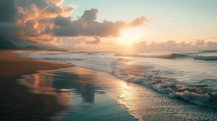 Wall Mural - Sunset Over the Ocean with Waves Crashing on a Sandy Beach