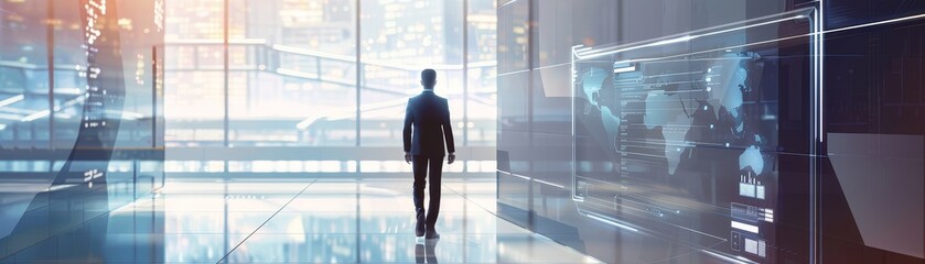 Poster - Office worker using futuristic technology in a sleek, modern office, holographic displays and touch-sensitive surfaces, high-tech business environment, professional attire, contemporary design, dynami