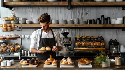 CafÃ© staff in aprons, arranging pastries and beverages for display.