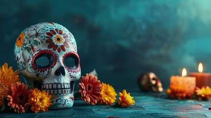 Canvas Print - Day of the Dead Sugar Skull with Flowers and Candles