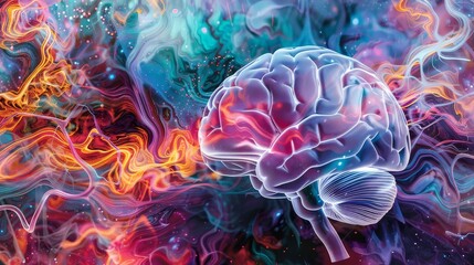 Poster - a captivating image of a human brain, in a translucent style, set against a vibrant backdrop of swir