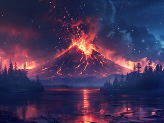 Wall Mural - Erupting Volcano Over a Lake at Night.