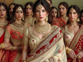 Wall Mural - A group of women wearing traditional Indian clothing and jewelry. The women are posing for a photo, and the overall mood of the image is elegant and sophisticated