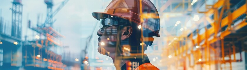 Mid-30s construction worker in safety gear, double exposure blends worker image with a bustling construction site background, contemporary stock photo capturing the essence of hard work. --ar 7:2 Job 