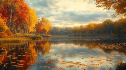 Poster - A beautiful autumn scene with a lake and trees