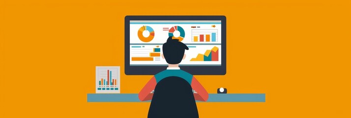 Poster - A data analyst sits at a computer, analyzing charts and graphs on the screen. The image symbolizes data analysis, business intelligence, financial analysis, data visualization, and digital marketing.