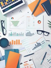 Poster - Create a stunning and visually appealing stock photo featuring a modern flat design market analysis scene. Ensure there is ample copy space suitable for wallpaper or job background use. Incorporate el