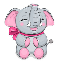 Cute cartoon baby elephant with big pink bow. Vector animal illustration isolated on white.