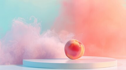 Wall Mural - Health presentation stage with a peach on a podium, set against a vibrant background.