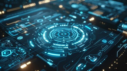 Poster - futuristic digital hologram interface with glowing blue lights and intricate designs symbolizing advanced technology and innovation --ar 16:9 Job ID: 08f36a32-d2ea-4687-a52f-94f14f96385a