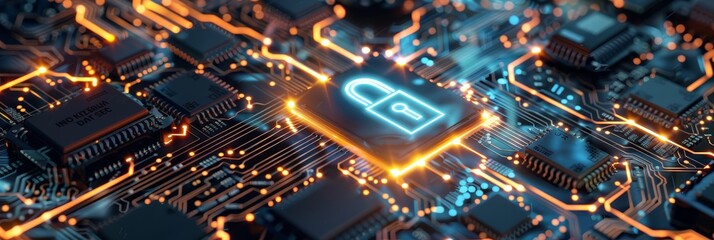 Poster - futuristic digital cybersecurity concept with glowing circuit board and lock symbol representing data protection and secure technology 
