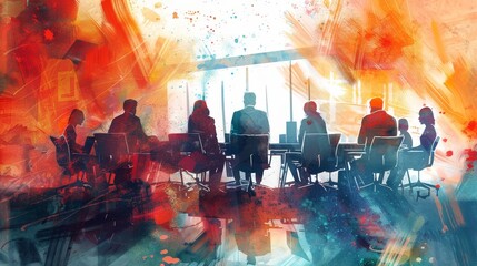 Poster - corporate governance watercolor graphic illustration vibrant board meeting diverse executives modern