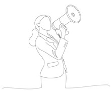 A drawing lines of a business marketing woman holding a speaker for promoting