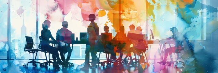 Poster - Operations in the workspace - Watercolor graphic illustration - Diverse team collaborating efficiently in a modern office setting - Vibrant colors and fluid brushstrokes - Dynamic interaction and seam