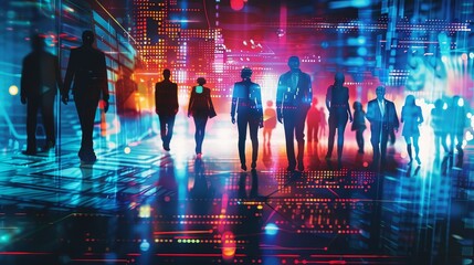 Poster - Silhouetted business model against a dynamic technology background, futuristic interface elements, innovative and professional vibe, sleek design, vibrant colors and modern tones, various businesspeop