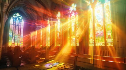 Poster - Sunlight Streaming Through Stained Glass in a Church