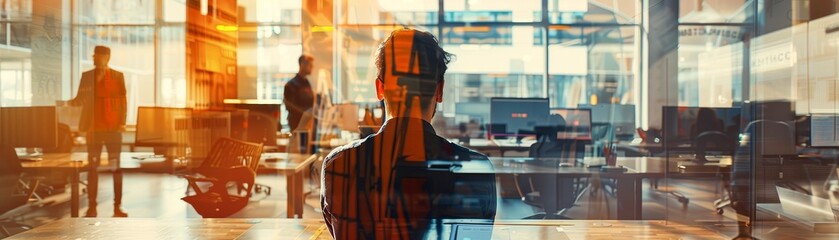 Poster - Create a compelling stock photo featuring a designer immersed in their element through a double exposure technique, blending their creative workspace and the backdrop of a bustling office environment.