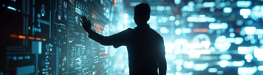Poster - A man stands in front of a large digital screen, his silhouette highlighted against a background of glowing data visualizations. This image symbolizes exploration, innovation, technology, the future, 