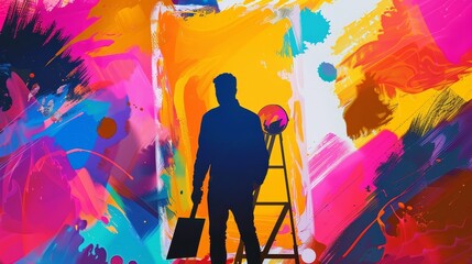 Poster - Painter silhouetted against a flat design background, vivid colors in abstract shapes surrounding the figure 