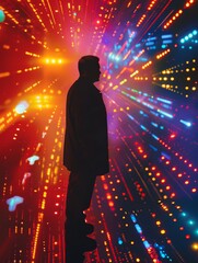 Poster - A man stands in silhouette in a room filled with colorful, glowing lights, symbolizing hope, inspiration, opportunity, and a bright future. The lights create a sense of energy and excitement.