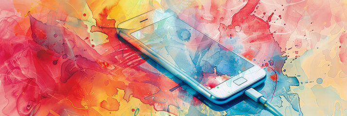 Poster - a modern smartphone lies on a vibrant watercolor background, symbolizing digital connection, creativ