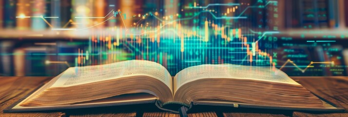 Poster - open book with futuristic stock market graphs overlay symbolizing the intersection of finance and knowledge on a wooden desk 