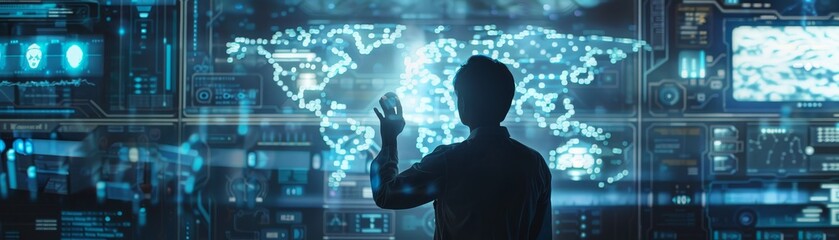 Poster - a person interacts with a digital map of the world, symbolizing global connectivity, digital transfo