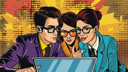 Poster - A pop art style illustration depicting three business professionals collaborating on a laptop, symbolizing teamwork, innovation, communication, technology, and success.