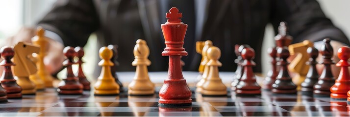 Poster - A red chess king stands tall in the center of the board, surrounded by other pieces. It symbolizes strategic planning, leadership, and the importance of making calculated moves in business.